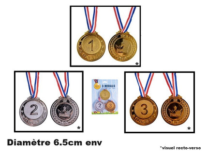 lot de 3 médailles or argent et bronze avec ruban 6.5cm