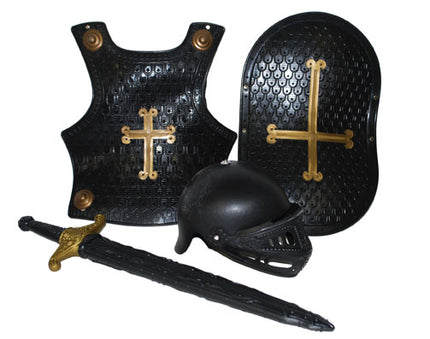 set chevalier casque armure épée & bouclier croix noir enfant