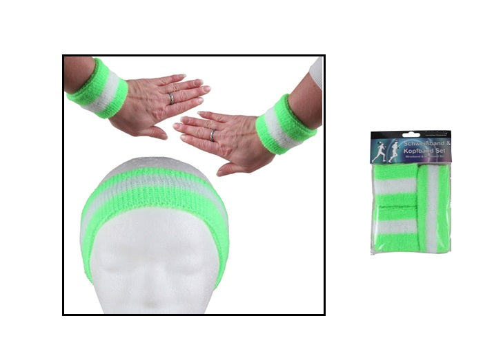 set bandeau et bracelets éponge néon vert & blanc 3pcs