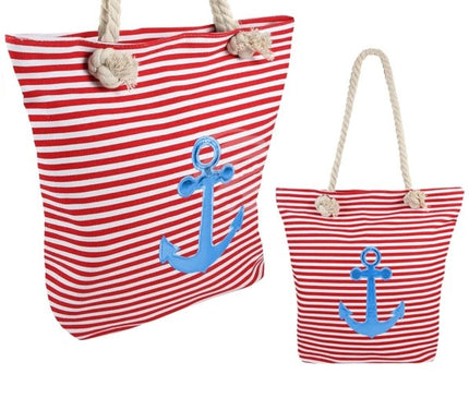sac de plage marin rayé rouge/blanc & ancre bleu 40x39cm