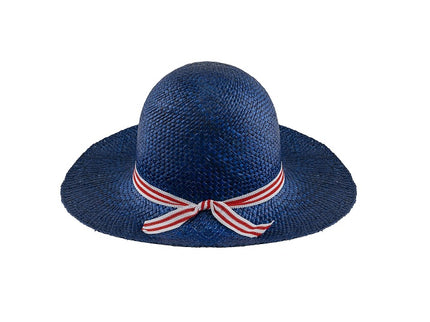 chapeau de paille bleu avec ruban blanc rouge femme