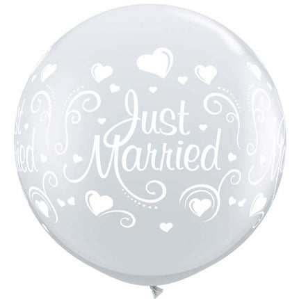 2 Ballons latex 3' Just Married Hearts Transparent - Qualatex