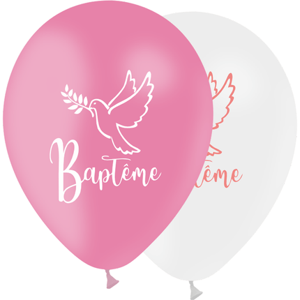 10 Ballons Latex 30cm Baptême Rose & Blanc - PMS