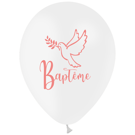 10 Ballons Latex 30cm Baptême Blanc Impression Rose - PMS