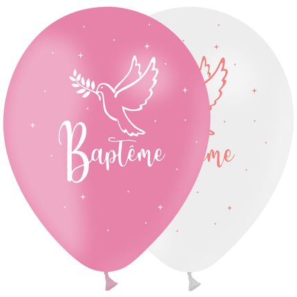 8 Ballons Latex 30cm TAT Baptême Rose & Blanc - PMS