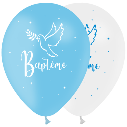 8 Ballons Latex 30cm TAT Baptême Ciel & Blanc - PMS