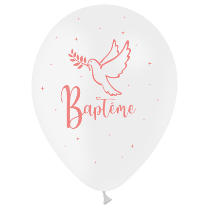8 Ballons Latex 30cm TAT Baptême Blanc Impression Rose - PMS