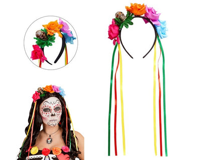 serre-tête dia de los muertos roses colorées crâne et rubans