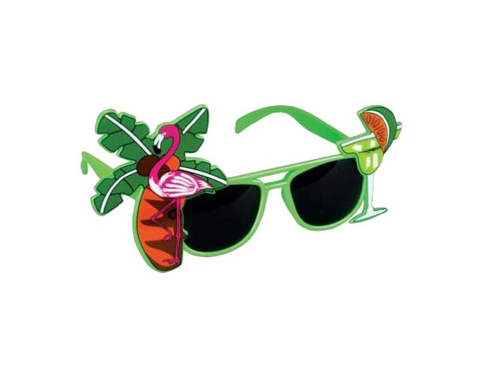 lunettes gag verte motifs palmier. cocktail et flamant rose