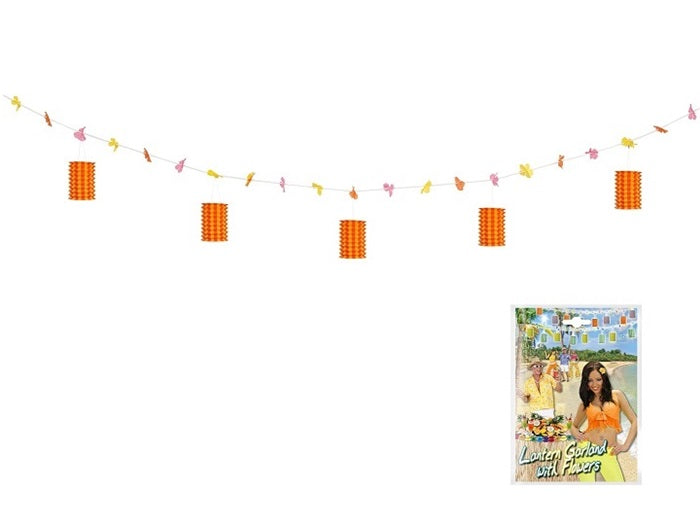 guirlande avec 5 lanternes orange jaune et fleurs 3m