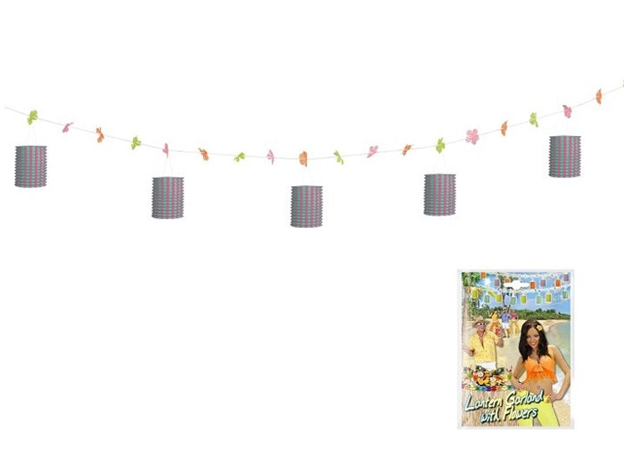guirlande avec 5 lanternes rose verte et fleurs 3m