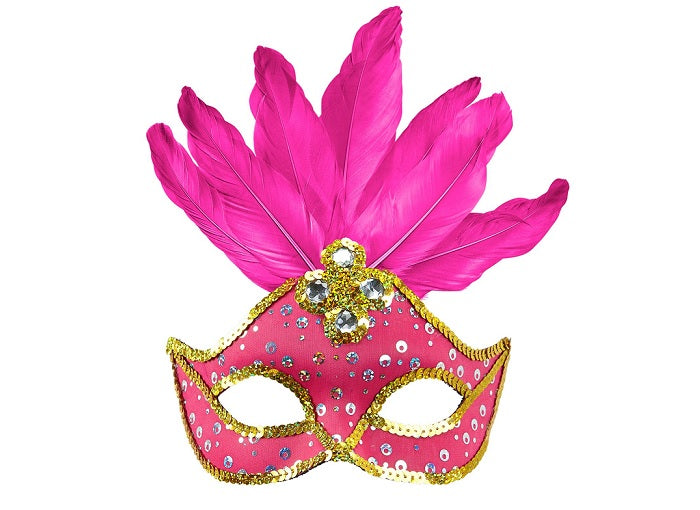 masque loup neon fluo rose avec plumes luxe adulte