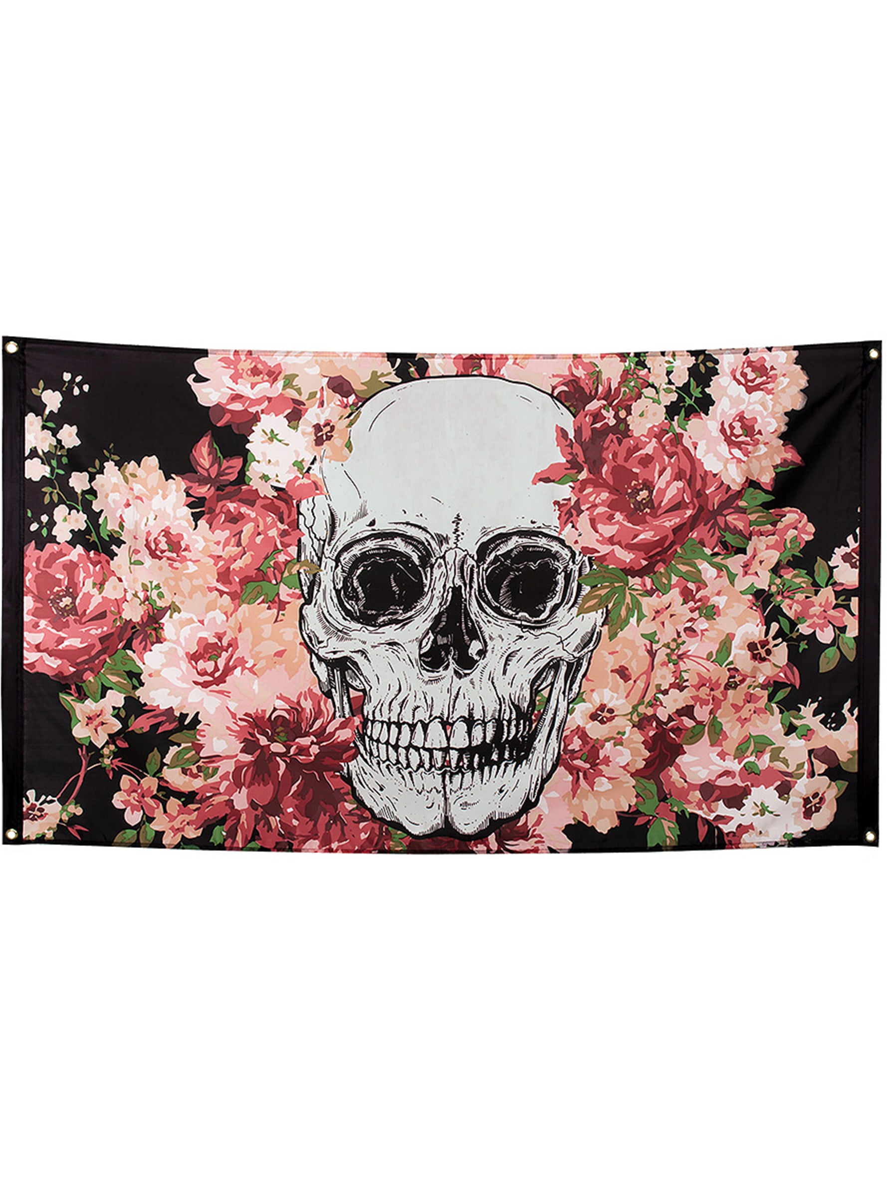 Drapeau squelette à fleurs noir et rose