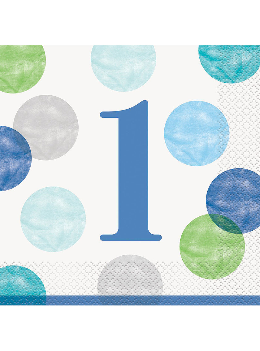 16 serviettes en papier premier anniversaire bleues (33x33cm) - Blue Dots 1st Birthday