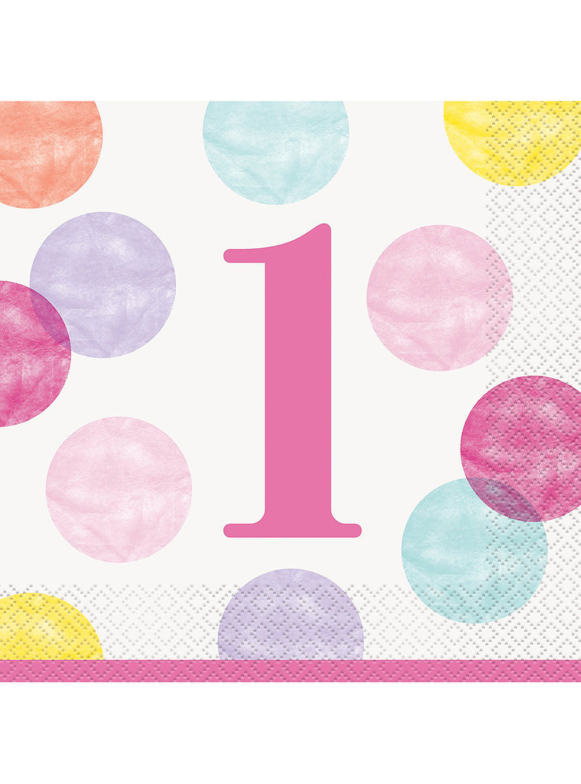 16 serviettes en papier premier anniversaire roses (33x33cm) - Pink Dots 1st Birthday