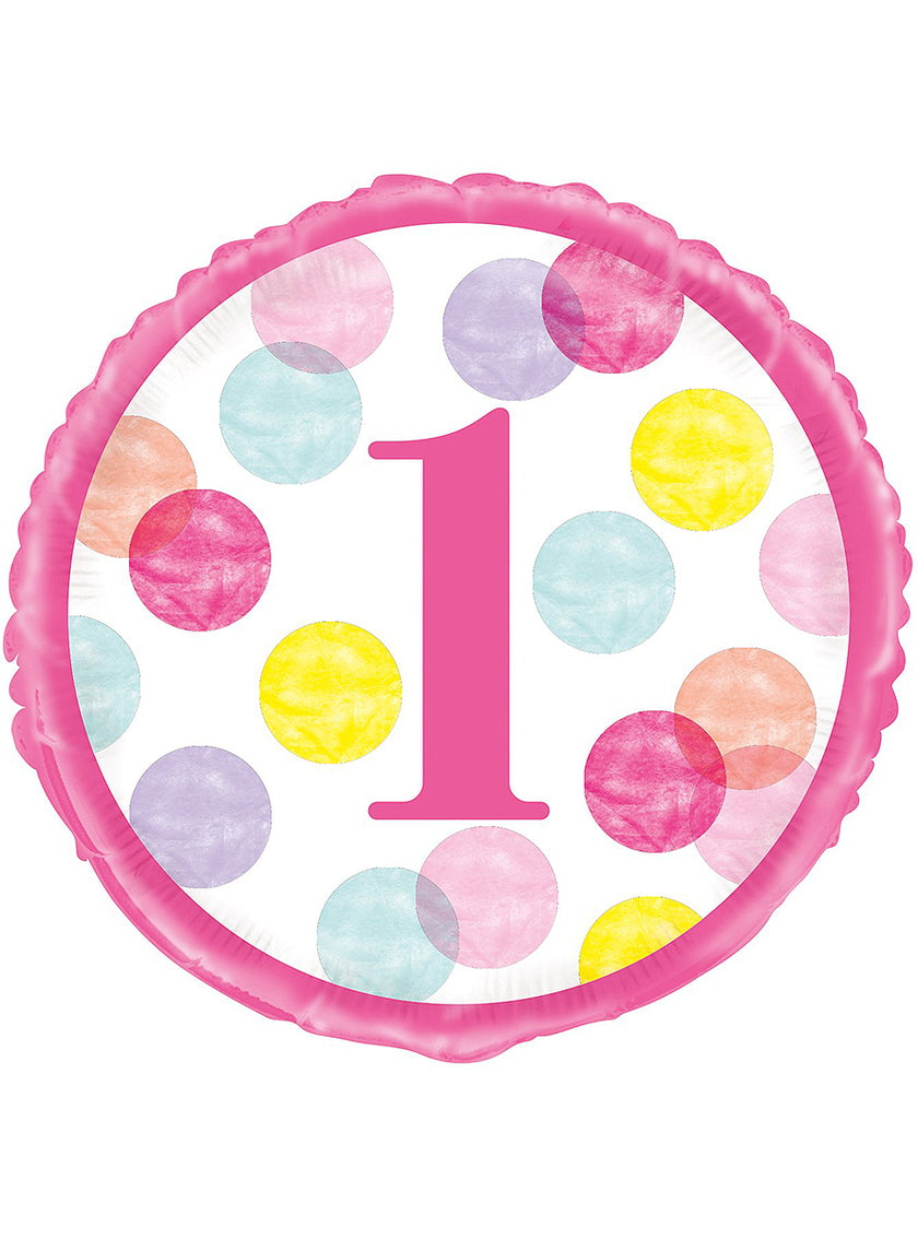 Ballon aluminium (46 cm) rose premier anniversaire - Pink Dots 1st Birthday