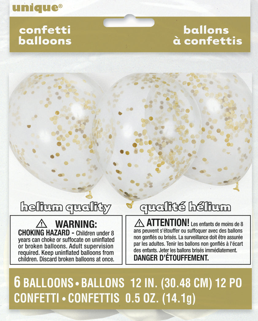6 ballons en latex avec confettis doré à l'intérieur