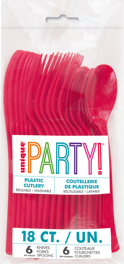 18 couverts rouges en plastique - Gamme couleur unie