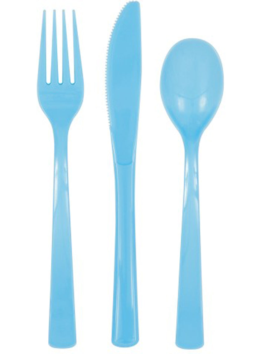 6 fourchettes, 6 cuillères et 6 couteaux en plastique de couleur bleu ciel
