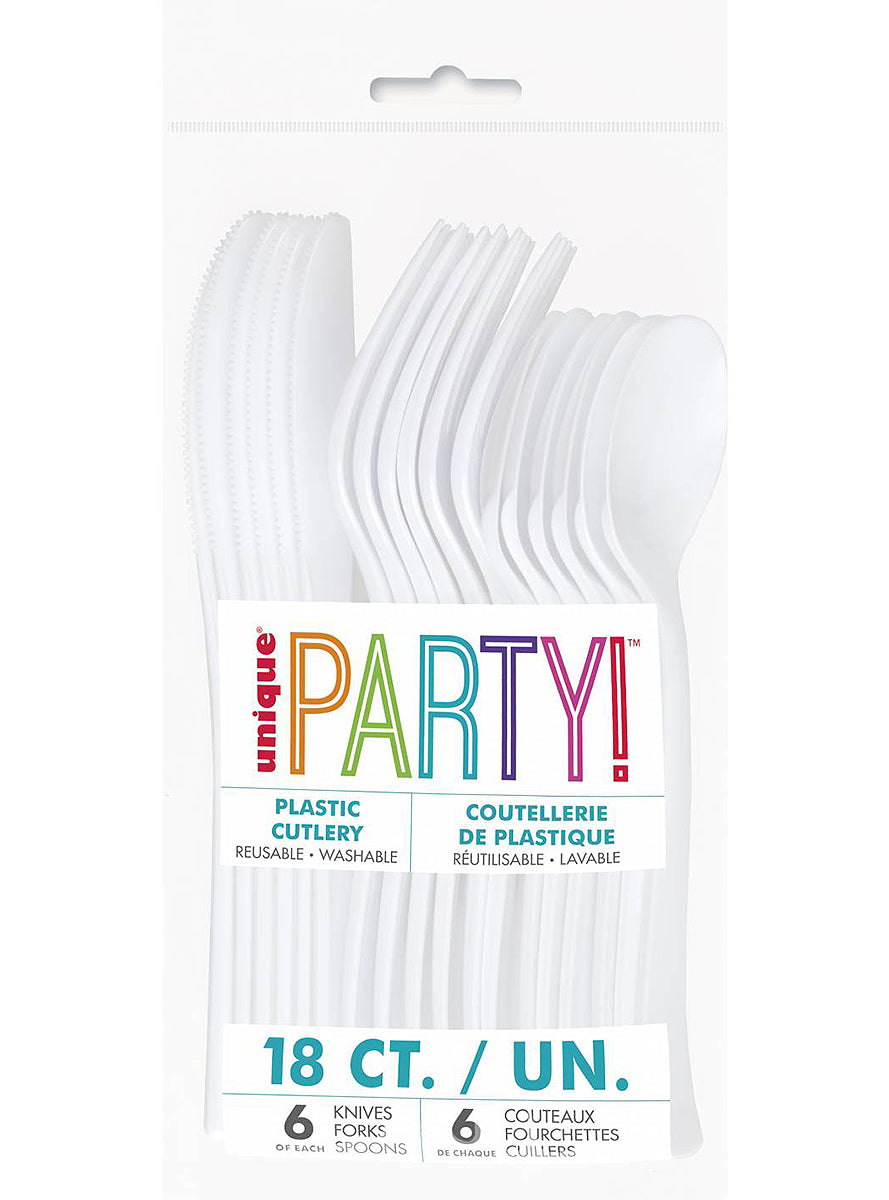 6 fourchettes, 6 cuillères et 6 couteaux en plastique blanc