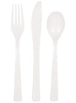 6 fourchettes, 6 cuillères et 6 couteaux en plastique blanc