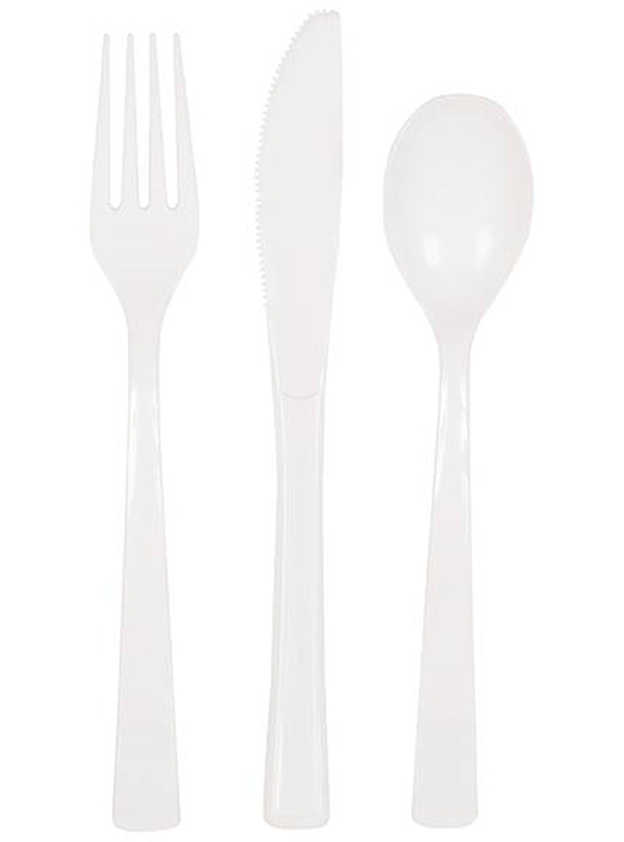 6 fourchettes, 6 cuillères et 6 couteaux en plastique blanc