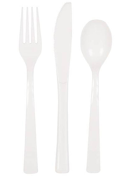 6 fourchettes, 6 cuillères et 6 couteaux en plastique blanc