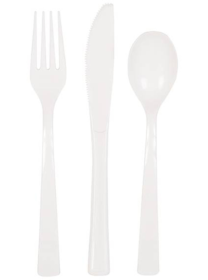 6 fourchettes, 6 cuillères et 6 couteaux en plastique blanc