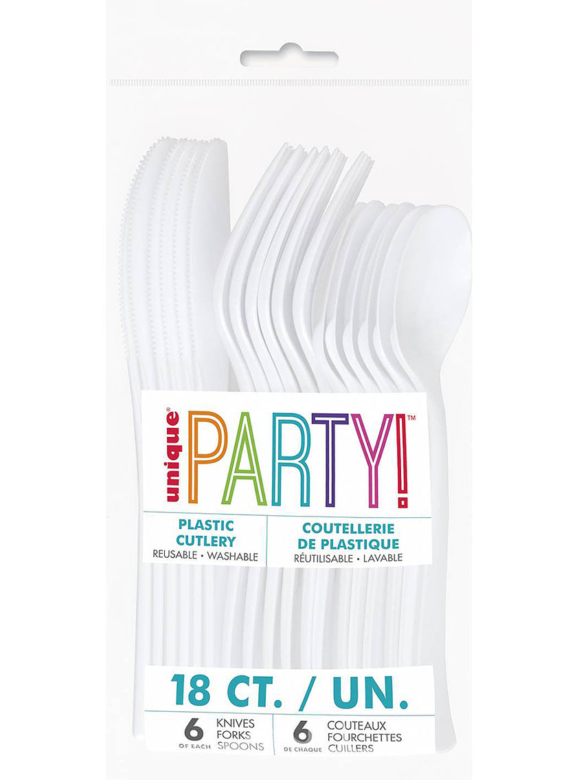 6 fourchettes, 6 cuillères et 6 couteaux en plastique blanc