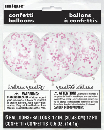 6 ballons avec confettis rose fuchsia (30 cm) - Gamme couleur unie