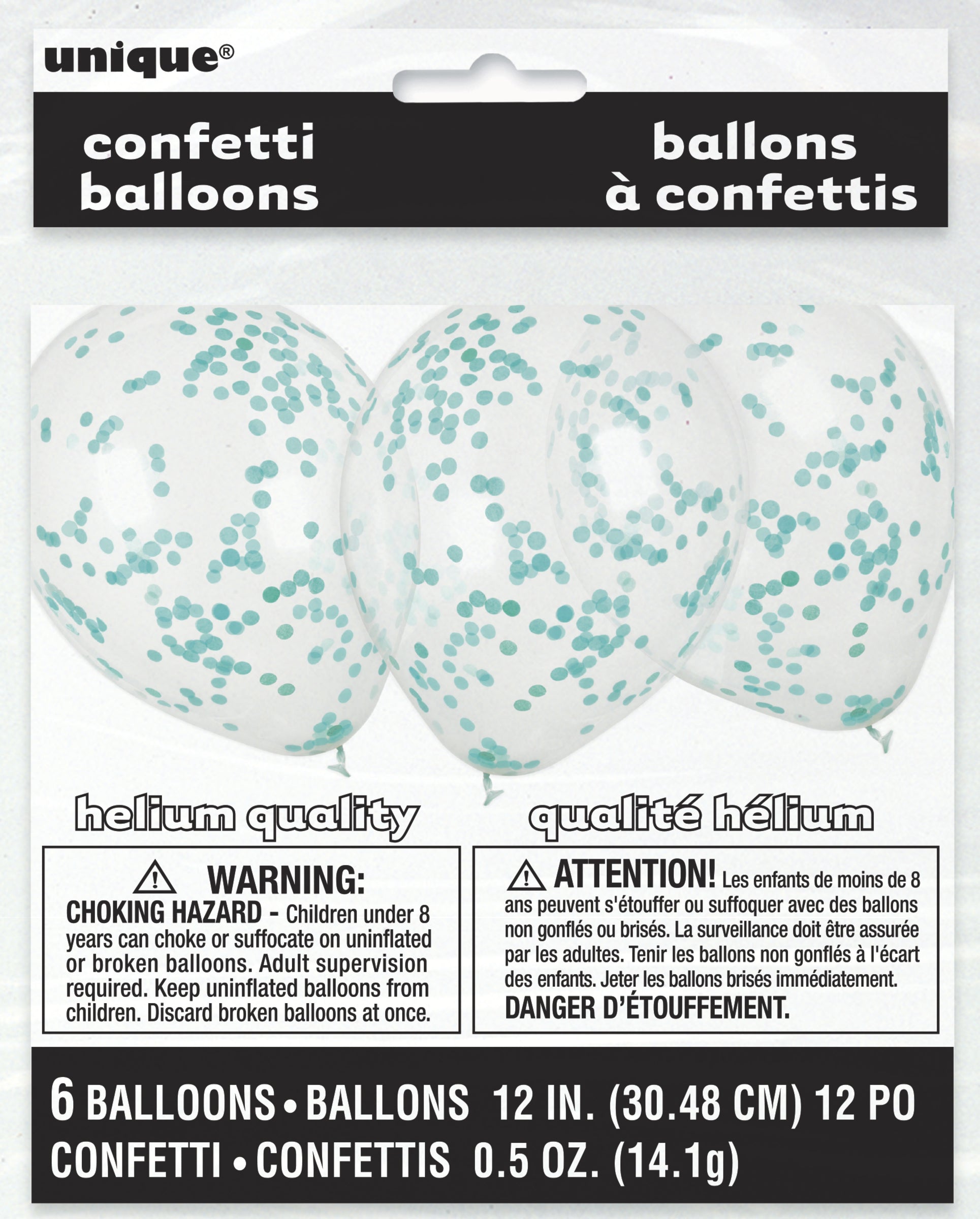6 ballons avec confettis bleu turquoise (30 cm) - Gamme couleur unie