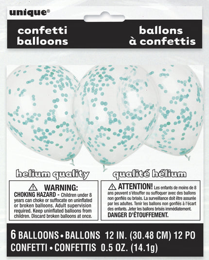 6 ballons avec confettis bleu turquoise (30 cm) - Gamme couleur unie
