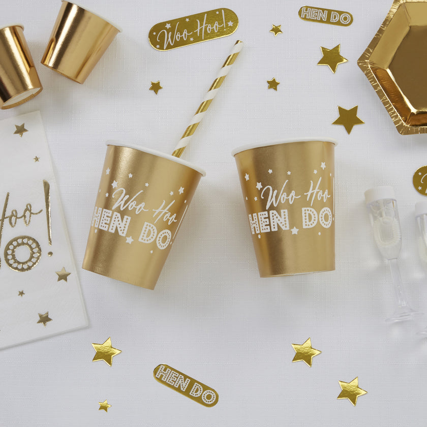 8 gobelets dorés en carton - Woo Hoo Hen Do