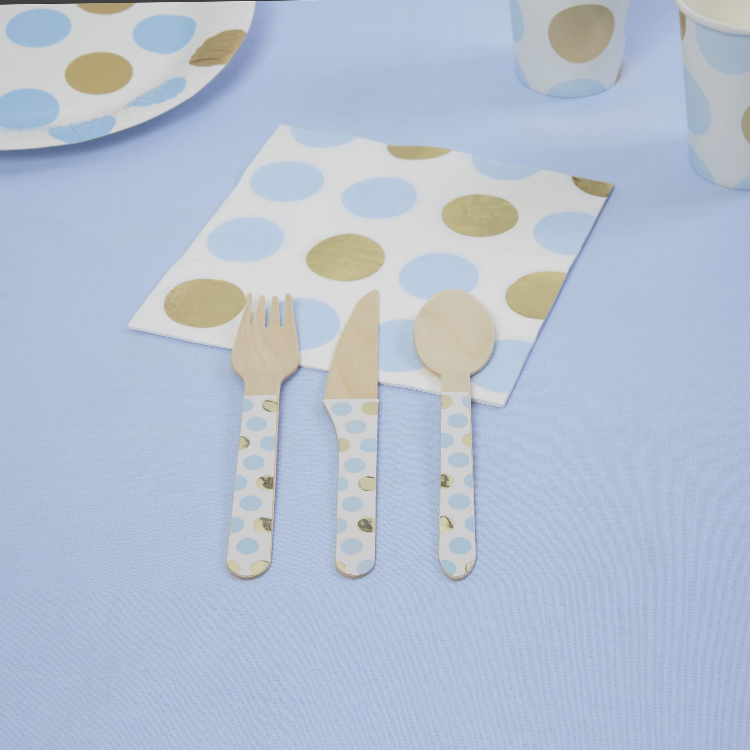 24 couverts en bois à pois bleus - Pattern Works