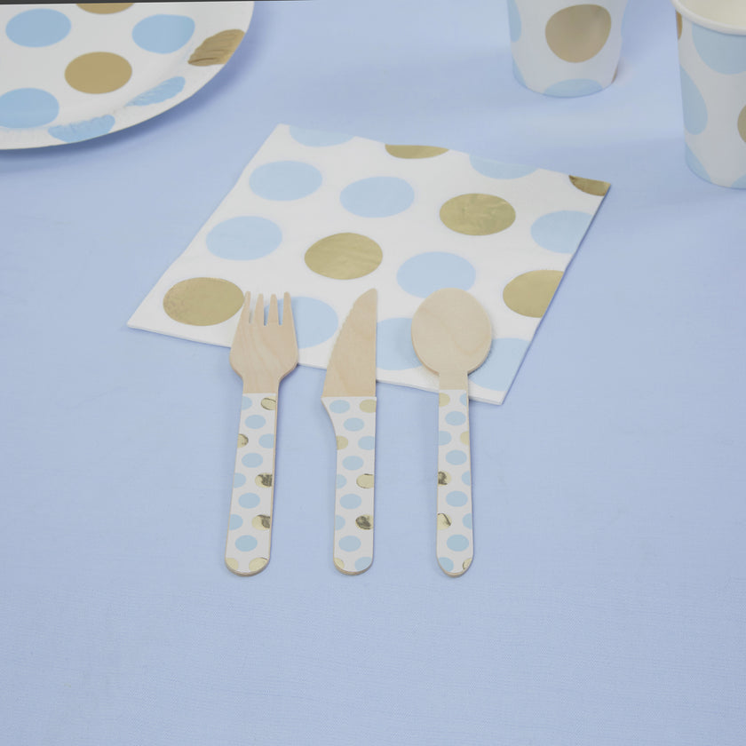 24 couverts en bois à pois bleus - Pattern Works