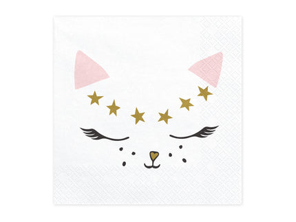 20 serviettes blanches motifs chat en papier - Meow Party