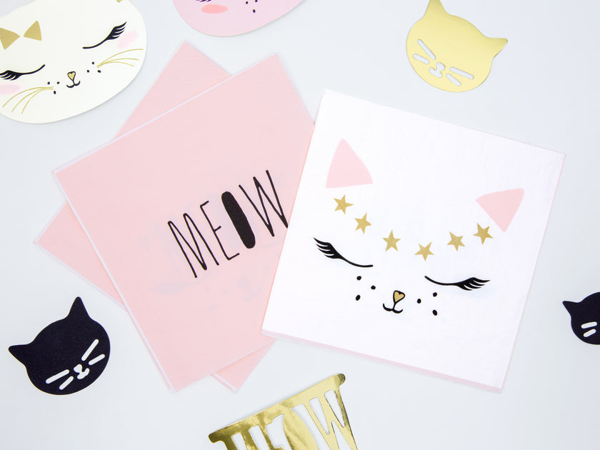 20 serviettes blanches motifs chat en papier - Meow Party