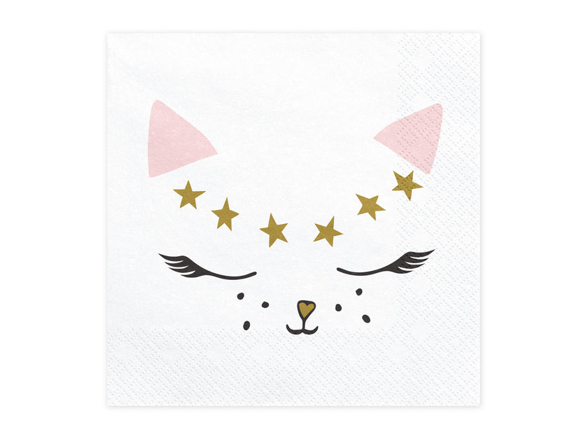 20 serviettes blanches motifs chat en papier - Meow Party