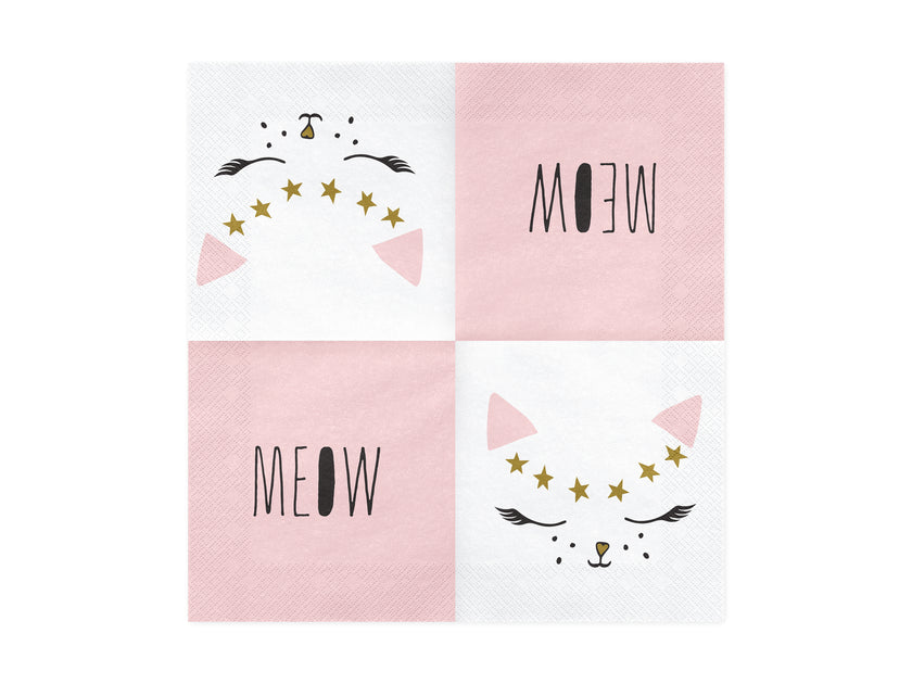 20 serviettes blanches motifs chat en papier - Meow Party