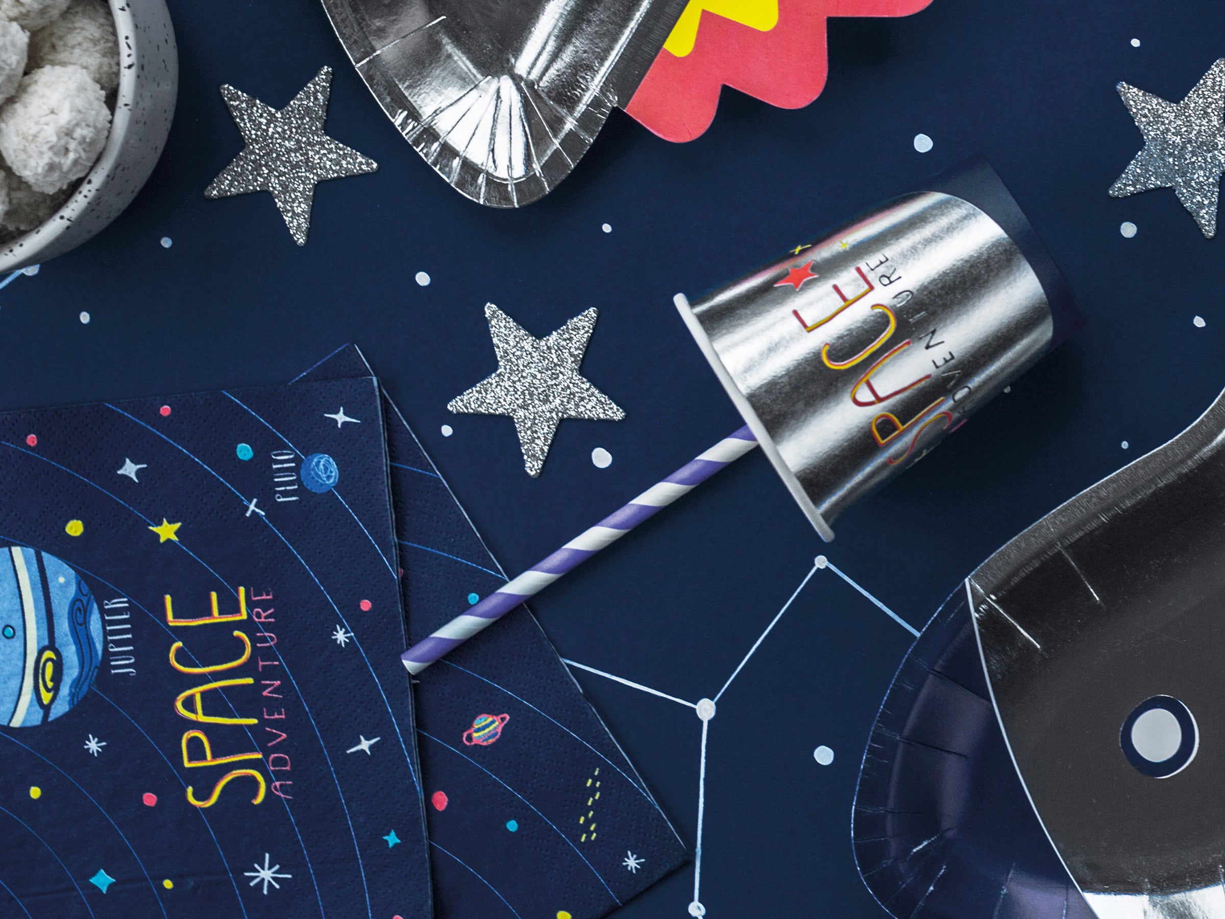 10 pailles lilas à rayures blanches en papier - Space Party