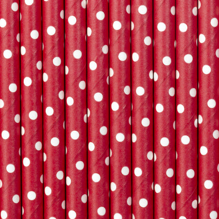 10 pailles rouges à pois blanches en papier