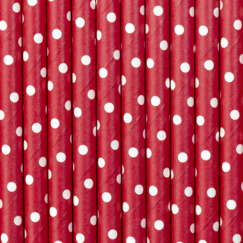 10 pailles rouges à pois blanches en papier