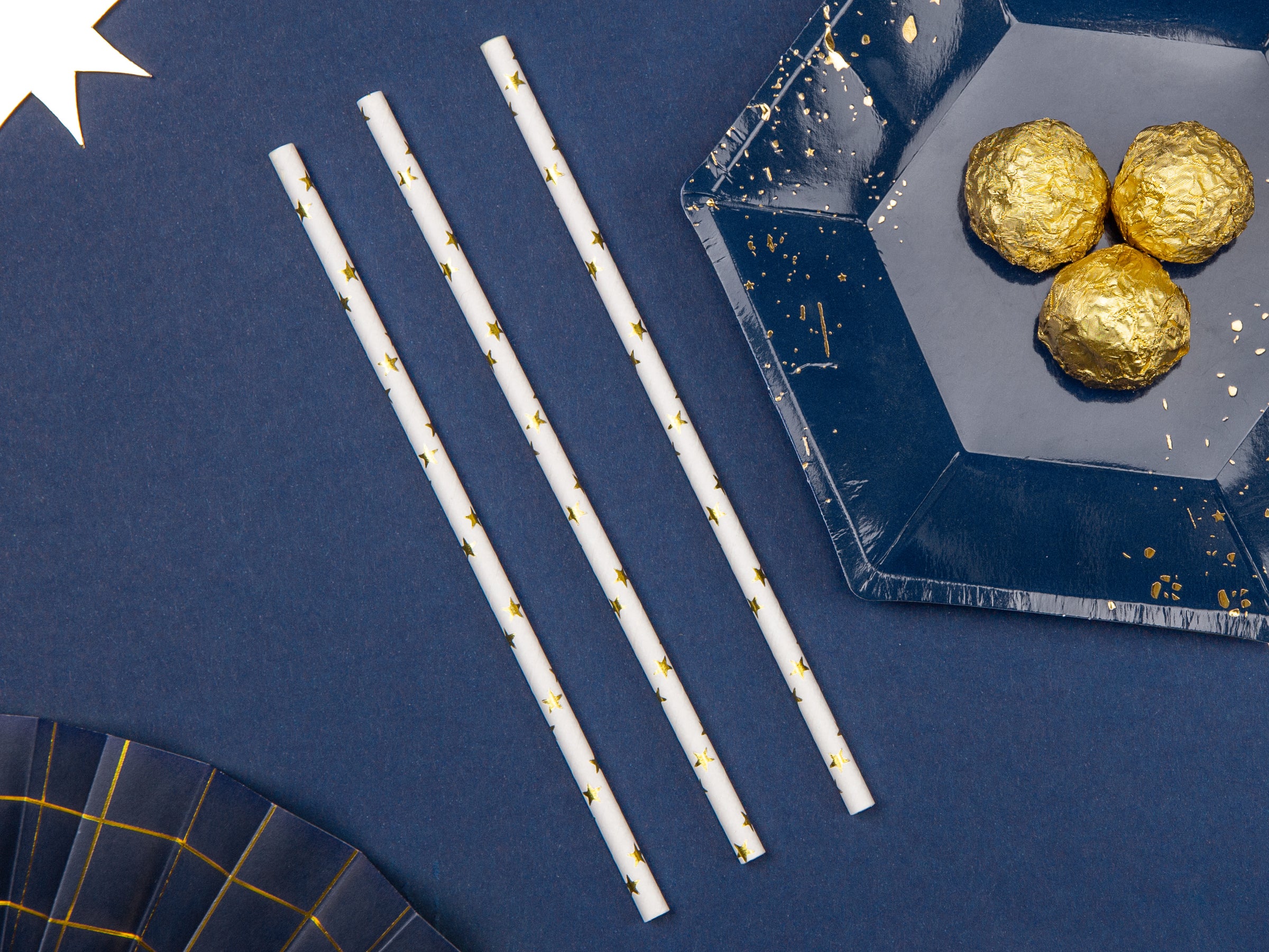 10 pailles blanches avec étoiles dorées en papier - Happy New Year Collection