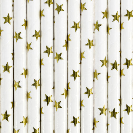 10 pailles blanches avec étoiles dorées en papier - Happy New Year Collection