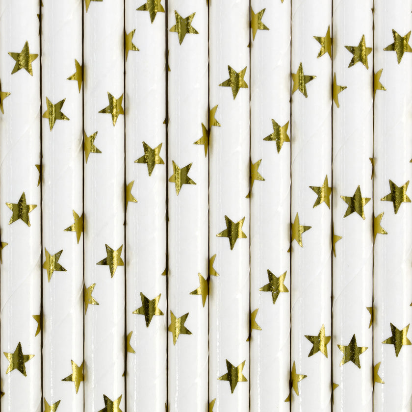 10 pailles blanches avec étoiles dorées en papier - Happy New Year Collection