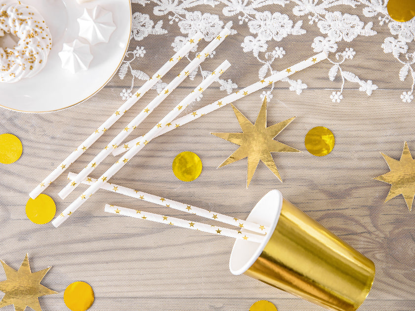 10 pailles blanches avec étoiles dorées en papier - Happy New Year Collection