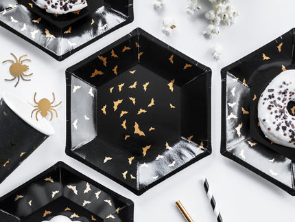 6 assiettes noires avec chauv-e-souris dorés en carton (20 cm) - Trick or Treat Collection