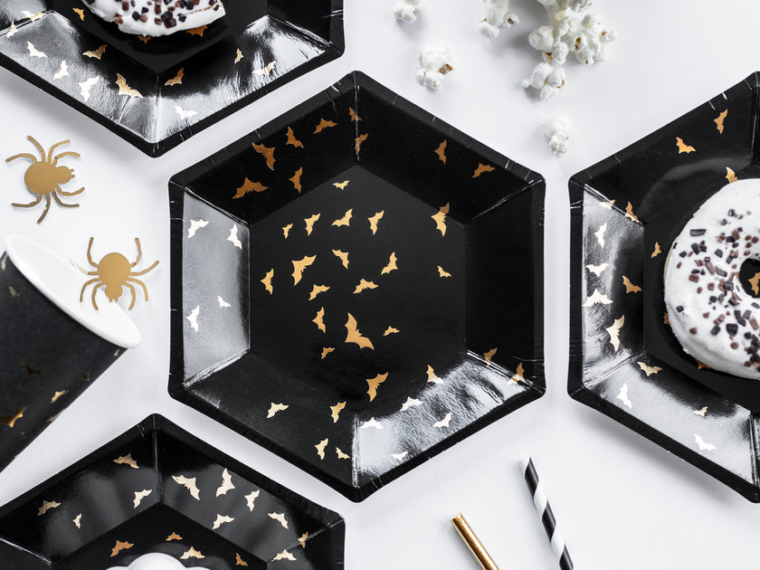 6 assiettes noires avec chauv-e-souris dorés en carton (20 cm) - Trick or Treat Collection
