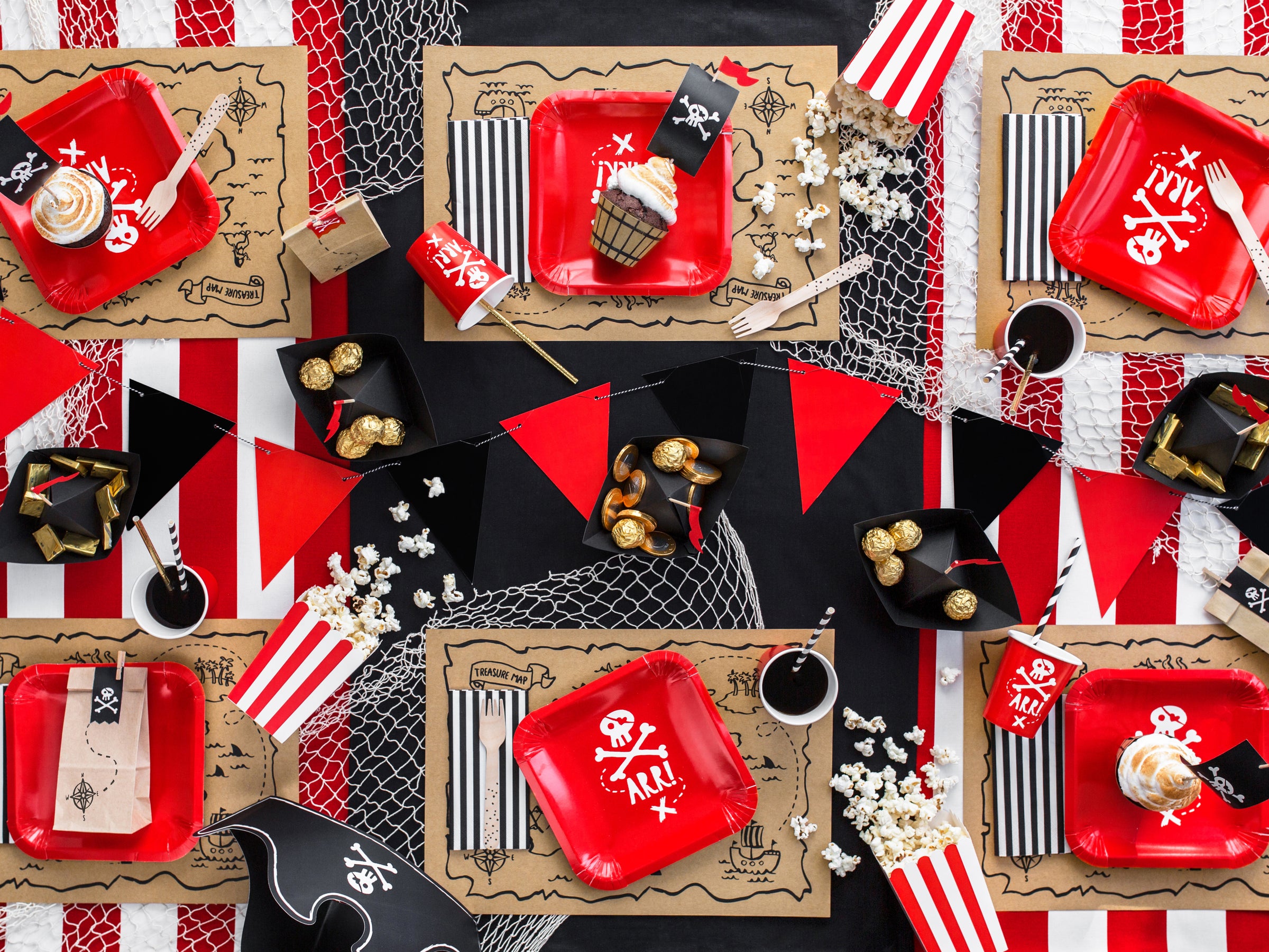 6 boîtes à Popcorn rouges à rayures en carton - Pirates Party
