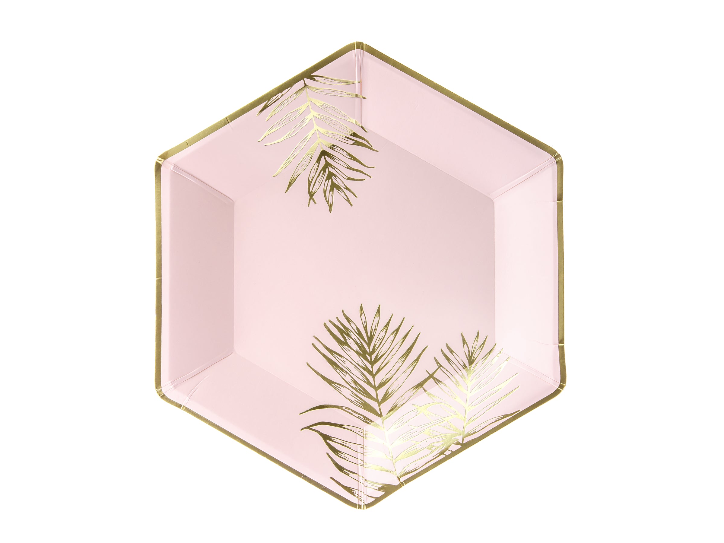 6 assiettes pentagonales roses avec feuilles dorées en carton